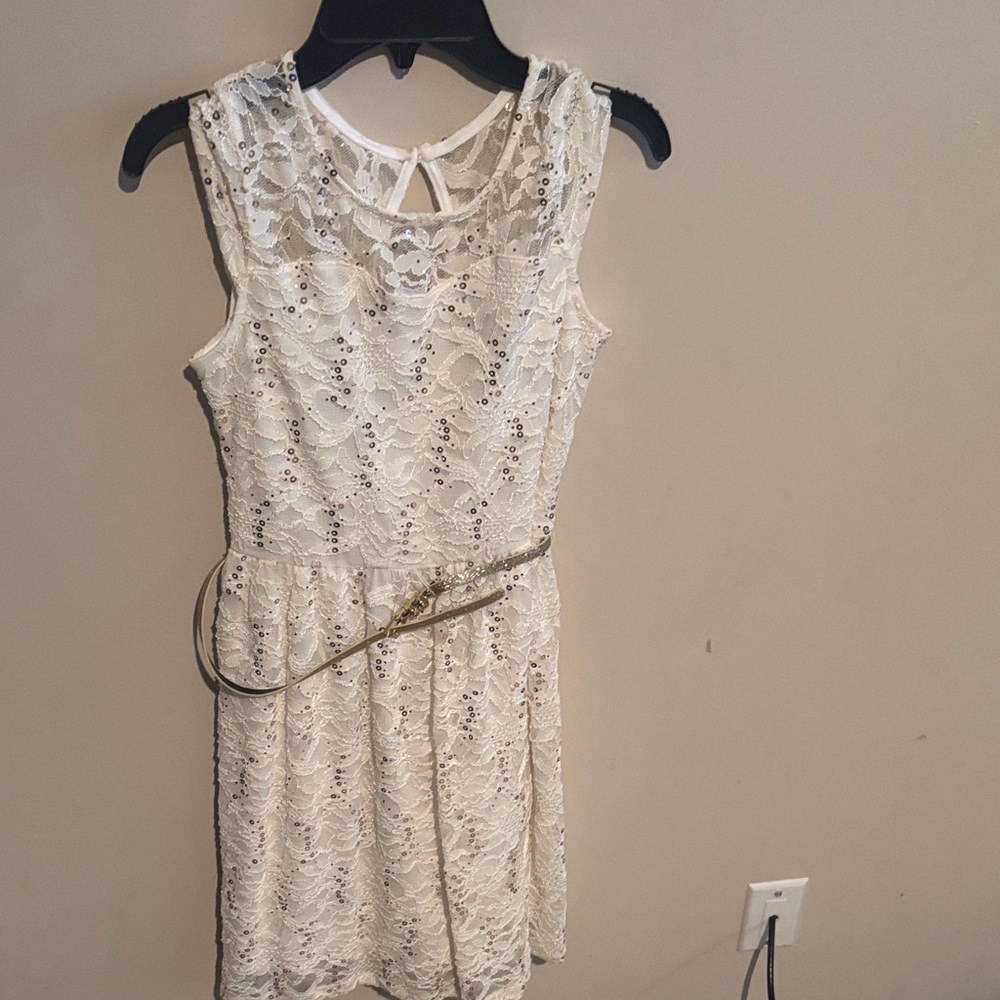 Xtraordinary White Lace Dress with Gold Accent Belt